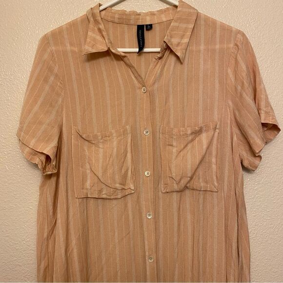 Knot Sisters Blush pink linen striped Button up midi Dress lagenlook coastal L - Picture 3 of 10